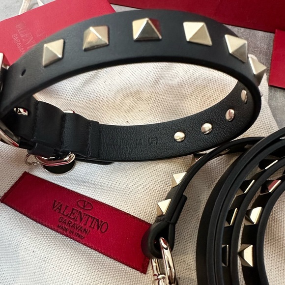 VALENTINO GARAVANI Leather Rockstud Pet Dog Leash + Collar Black Sz M (F) Italy - Picture 4 of 5